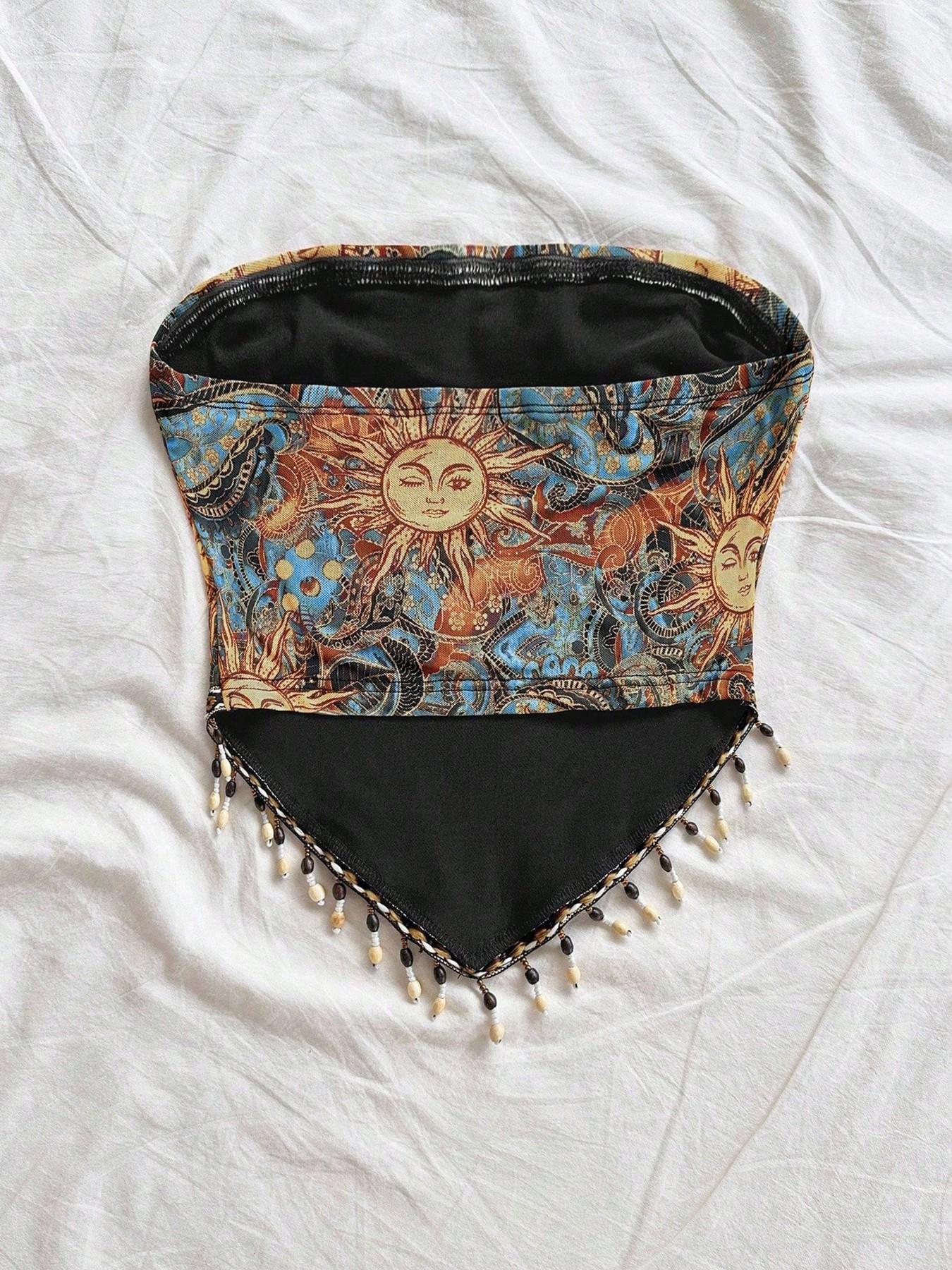 Ladies' 1pc Printed Mesh Knitt - огляд і ціна Beaded Trim Fringe