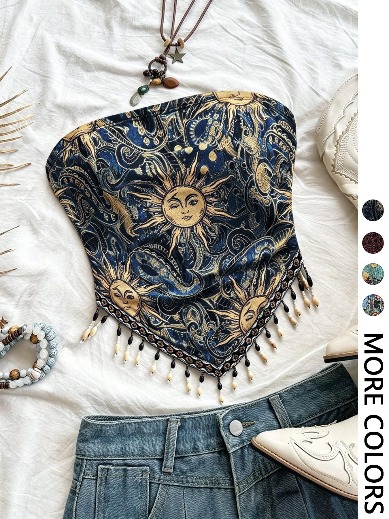 Ladies' 1pc Printed Mesh Knitt - огляд і ціна Beaded Trim Fringe